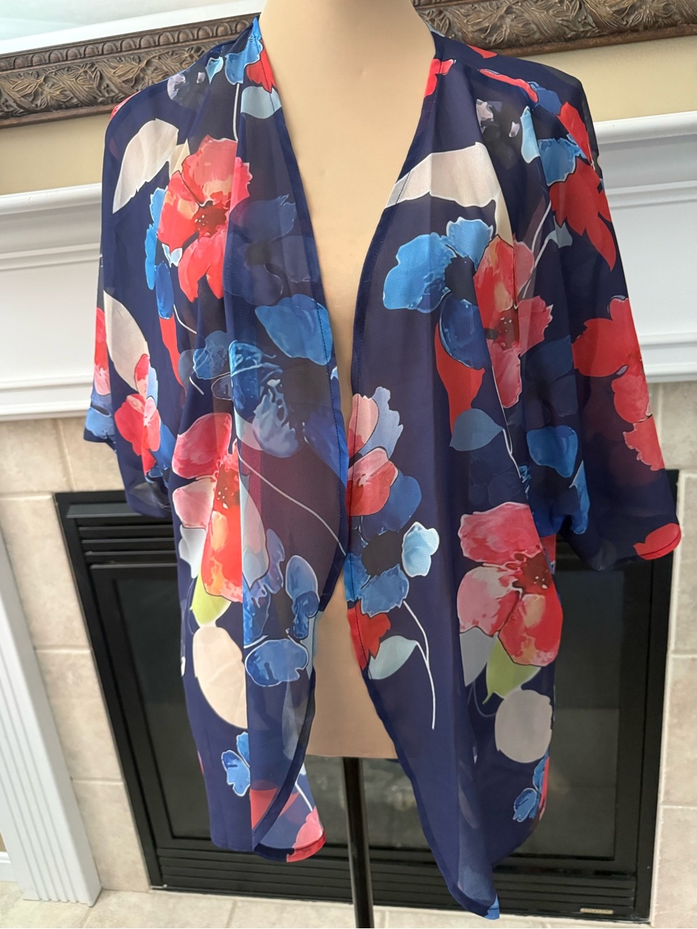 Navy Floral Sheer Kimono Cardigan with Red & Blue Blooms Coverup OS